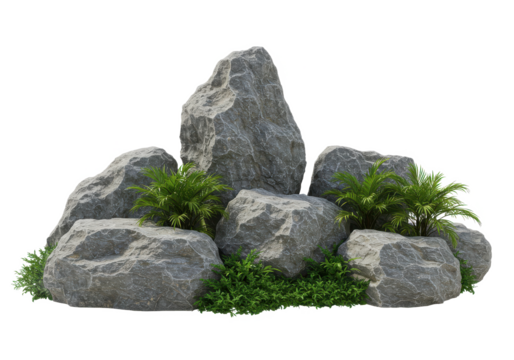 Arrangement of large gray rocks surrounded by green plants isolated on white background