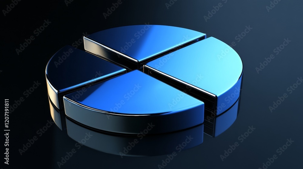 Fototapete a minimalist pie chart with metallic segments in blue tones, on a reflective black background, with 
