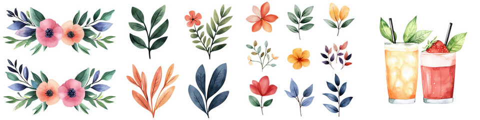 Watercolor floral elements and drinks, perfect for vibrant designs, isolated on transparent background.