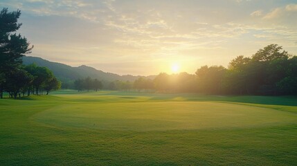 Naklejka premium Golf teeing ground in golf course with sunrise background.