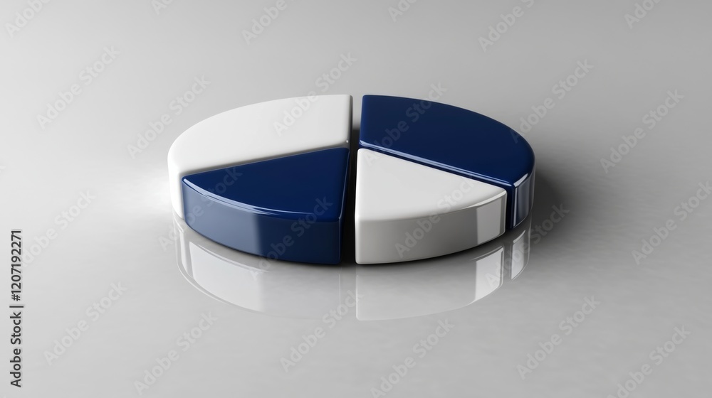 Aufkleber a minimalist pie chart with white and blue sections, slightly separated on a reflective gray backgro