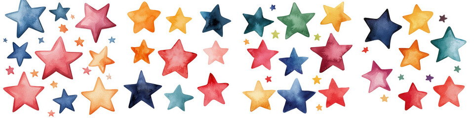 Obraz premium Colorful watercolor stars in various shapes and sizes create whimsical design, isolated on transparent background.