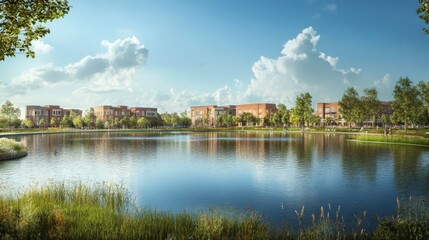 Fototapeta premium Tranquil Lakeside Community with Modern Apartment Buildings