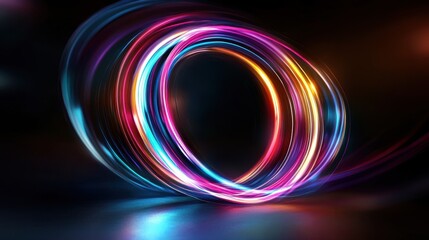 Vivid neon light trails forming abstract circular patterns in motion