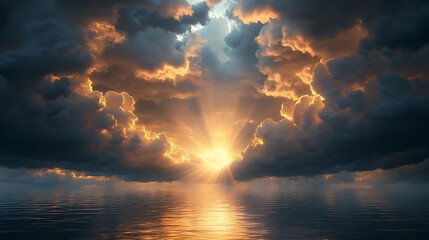 Sunlight beams breaking through clouds over calm water at sunset symbolizing hope