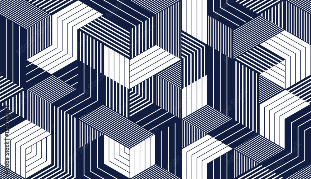 Poster cubes seamless pattern, abstract 3d optic background, trippy isometric linear polygon endless wallpa