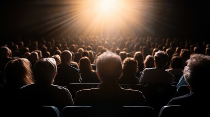 Obraz premium Audience watching live performance in theater with bright stage lights