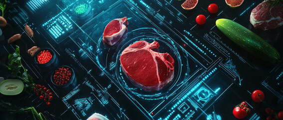 A food technology concept featuring a futuristic food neon hologram and digital display with meat products on the table in a laboratory or secret lab