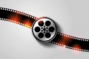 A silver film reel rests on a diagonally placed filmstrip. Warm lighting accentuates the films texture. The image evokes classic cinema and movie production.