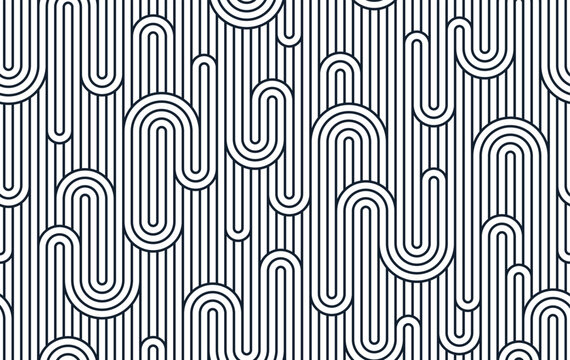 Funky lines seamless pattern, vector abstract geometric background with parallel and curvy lines, Asian style tiling wallpaper.