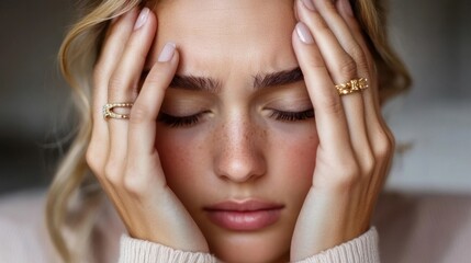 Fototapeta premium Stressed young caucasian female with closed eyes holding head reflecting anxiety