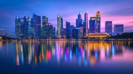 Fototapeta premium Vibrant City Skyline at Night with Colorful Reflections