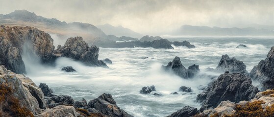 Fototapeta premium Dramatic coastal landscape with crashing waves against rocky cliffs under a moody sky