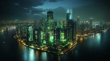 Fototapeta premium Futuristic City at Night with Green Glowing Lights