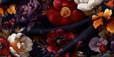 Vibrant floral fabric with red, purple, and white flowers on black background