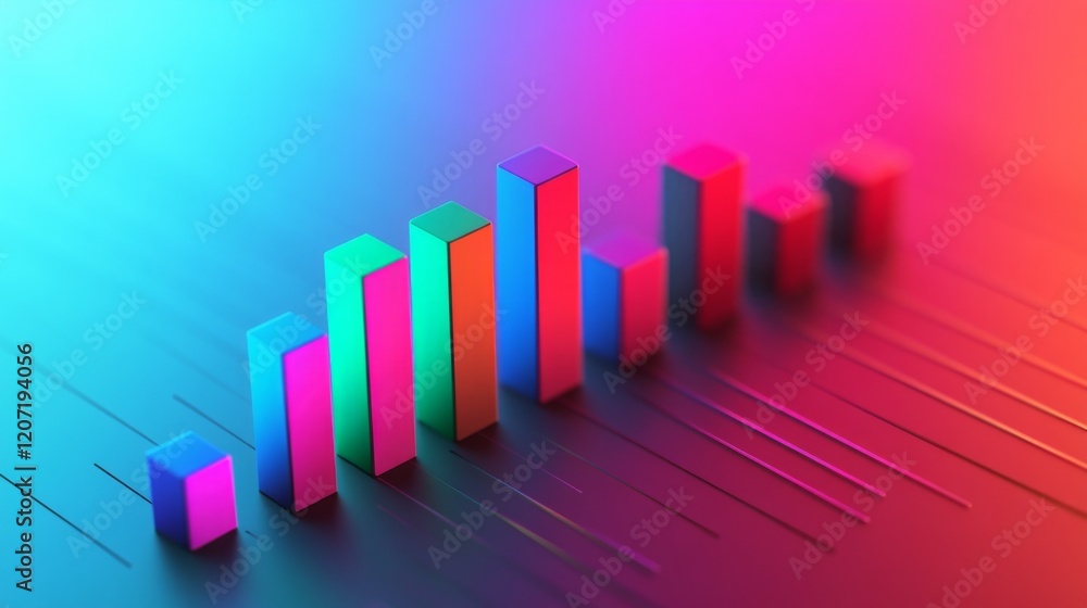 Poster a multi-colored d bar chart on a gradient background, with bars in bright red, blue, and green, cast