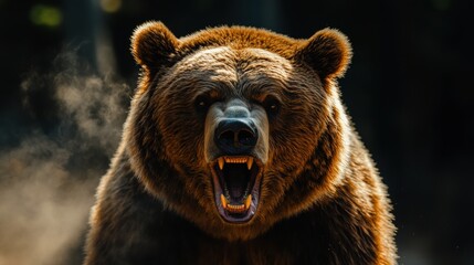 Fototapeta premium Majestic Grizzly Bear Roaring in Wild Forest Environment