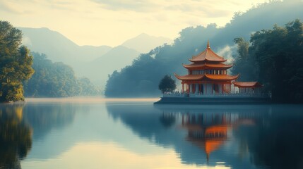 Serene Pagoda on Misty Lake at Sunrise