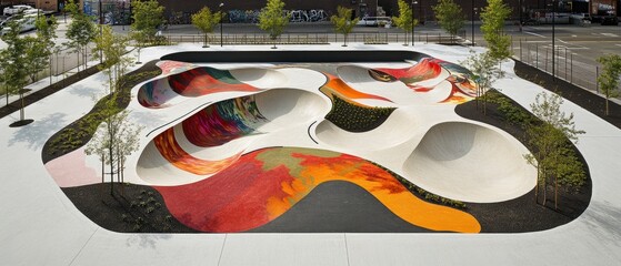 Colorful and modern skatepark design featuring abstract shapes and vibrant patterns surrounded by greenery