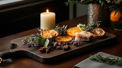 Naklejka premium Aromatic dried orange slices with herbs and candle on wooden board