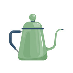 Drip kettle with Long Narrow Spout. Gooseneck kettle with boiled water. Teapot for coffee. Flat vector illustration of cafe steel drip kettle isolated on white background