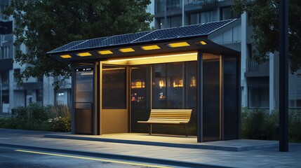 Obraz premium Solar panels atop an urban bus stop shelter harness clean energy while providing shade, showcasing an innovative step toward eco-friendly public infrastructure.