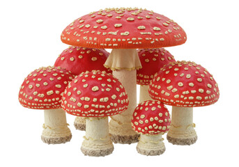 Obraz premium Group of red fly agaric mushrooms with white dots, isolated on white background