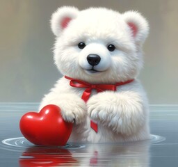 Illustration of fluffy bear with red heart.