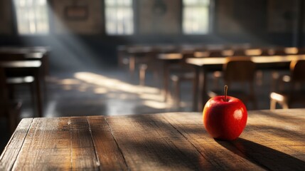 Quiet classroom with a single apple on the teacher's desk, rows of chairs waiting for students to arrive.