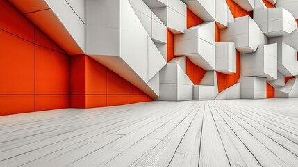 Abstract Architectural Interior Design: White and Orange Geometric Wall
