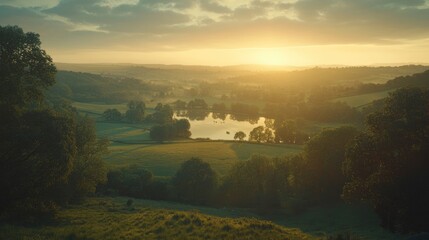 Serene sunrise over a tranquil lake surrounded by lush greenery and rolling hills in the countryside
