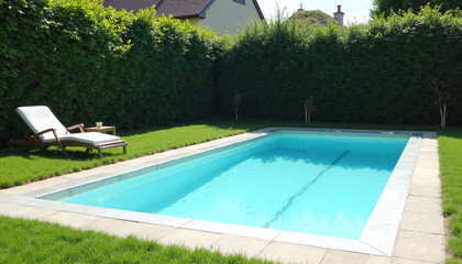 Swimming pool with lounge chair in lush green garden