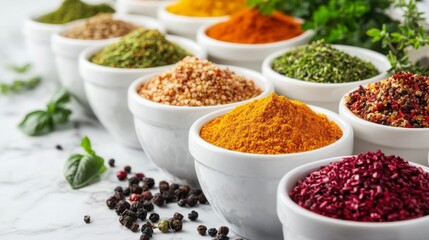 Assortment of colorful spices and herbs in white bowls