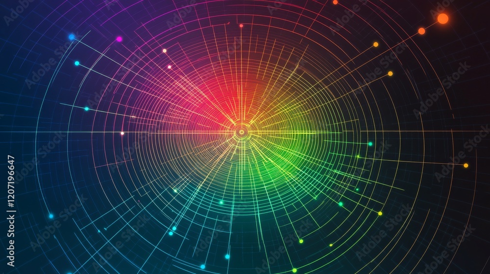 Poster a radar chart in neon colors on a dark grid background, with lines and points showing data intersect