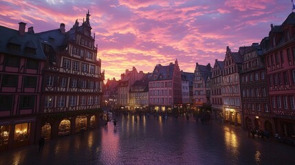 Fototapeta premium Colorful sunset over a historic town square with charming architecture and people enjoying the evening