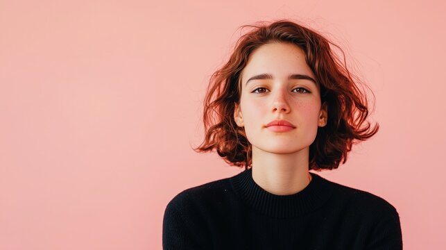 A young woman with short curly hair and a black sweater gazes confidently at the camera with a subtle smile, set against a peach-colored flat background.