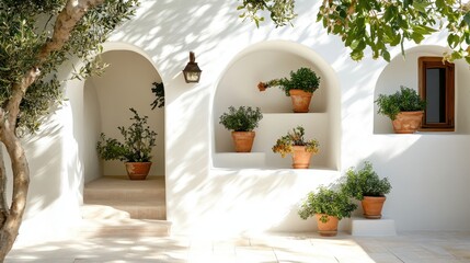 Fototapeta premium Mediterranean courtyard with terracotta pots and greenery in sunlit archways