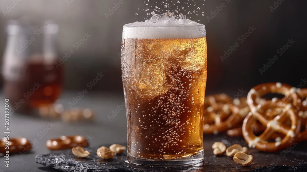 Poster a refreshing lager poured into a glass, with bubbles rising to the top, surrounded by pretzels and n