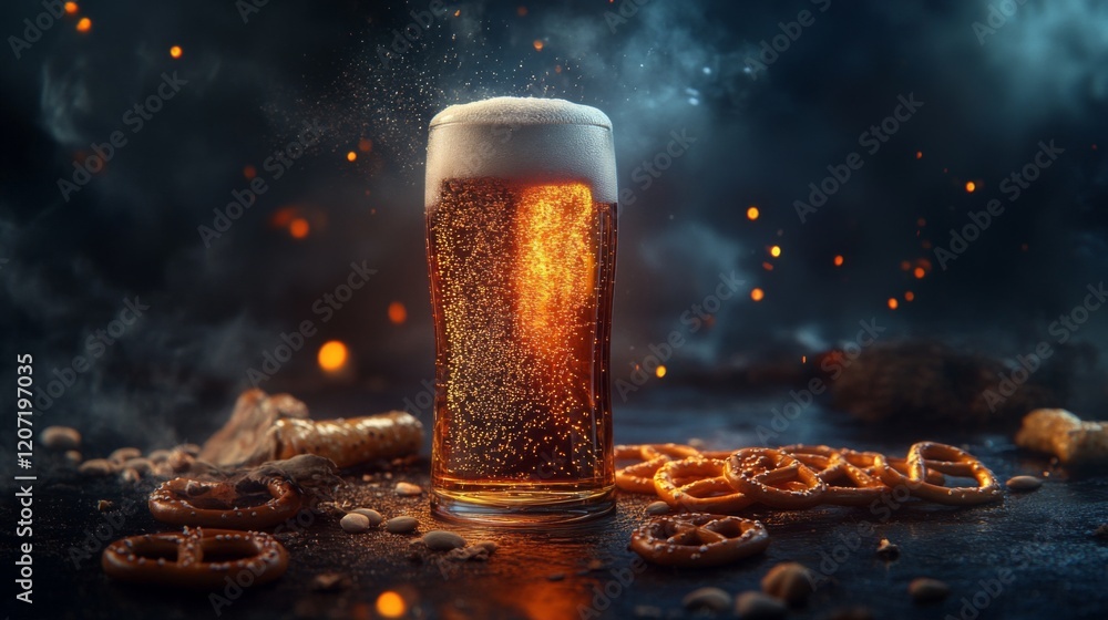 Poster a refreshing lager poured into a glass, with bubbles rising to the top, surrounded by pretzels and n