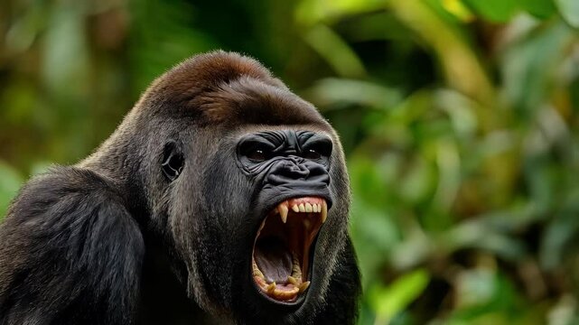 portrait of big angry gorilla screaming in jungle forest