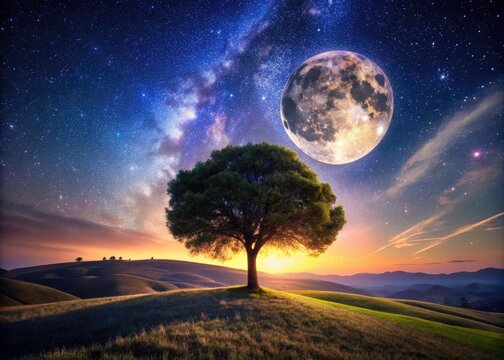 Starry night sky arches over a Leccio tree in the Italian countryside, moonlight illuminating the scene.