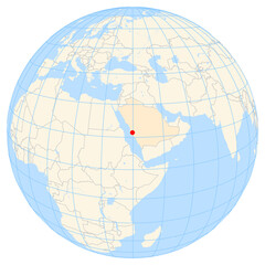 Map showing the location of the city Mecca in Saudi Arabia (Western Asia) on the earth globe.