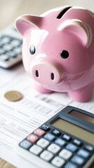 Pink Piggy Bank Savings Budget Finance Calculator Bills