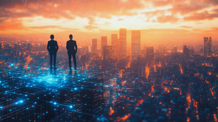 Fototapeta premium abstract professional business team people connection of line from nail node to node on Smart digital cityscap and skyline background , Innovation networking concept