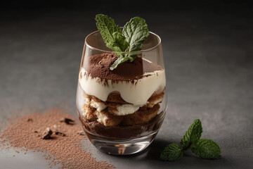 Delicious Italian dessert served in a glass with a dusting of cocoa powder and fresh mint leaves on top, perfect for indulging during a trip to Italy