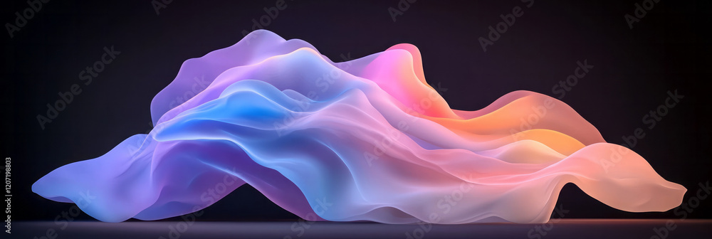 Poster A serene abstract wave scene featuring soft neon blue and purple gradients gently undulating across a minimalist black background,