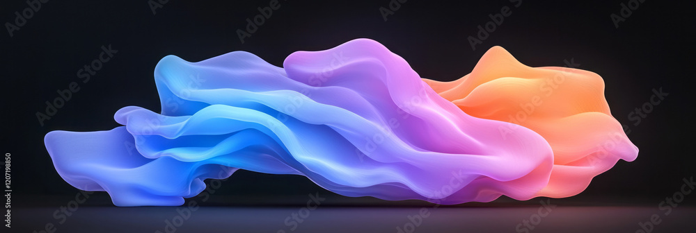 Poster a serene abstract wave scene featuring soft neon blue and purple gradients gently undulating across 
