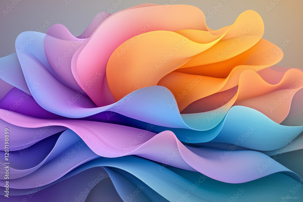 Poster an abstract digital artwork showcasing layered waves with glowing neon blue and purple gradients, ad