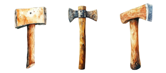 Three watercolor illustrations of vintage axes, each with unique head shapes and wood grain detailing, isolated on a transparent background. 