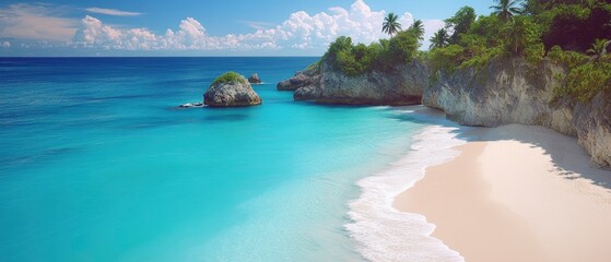 Serene tropical beach with turquoise waters, soft sand, palm trees, and distant rocky cliffs under blue skies